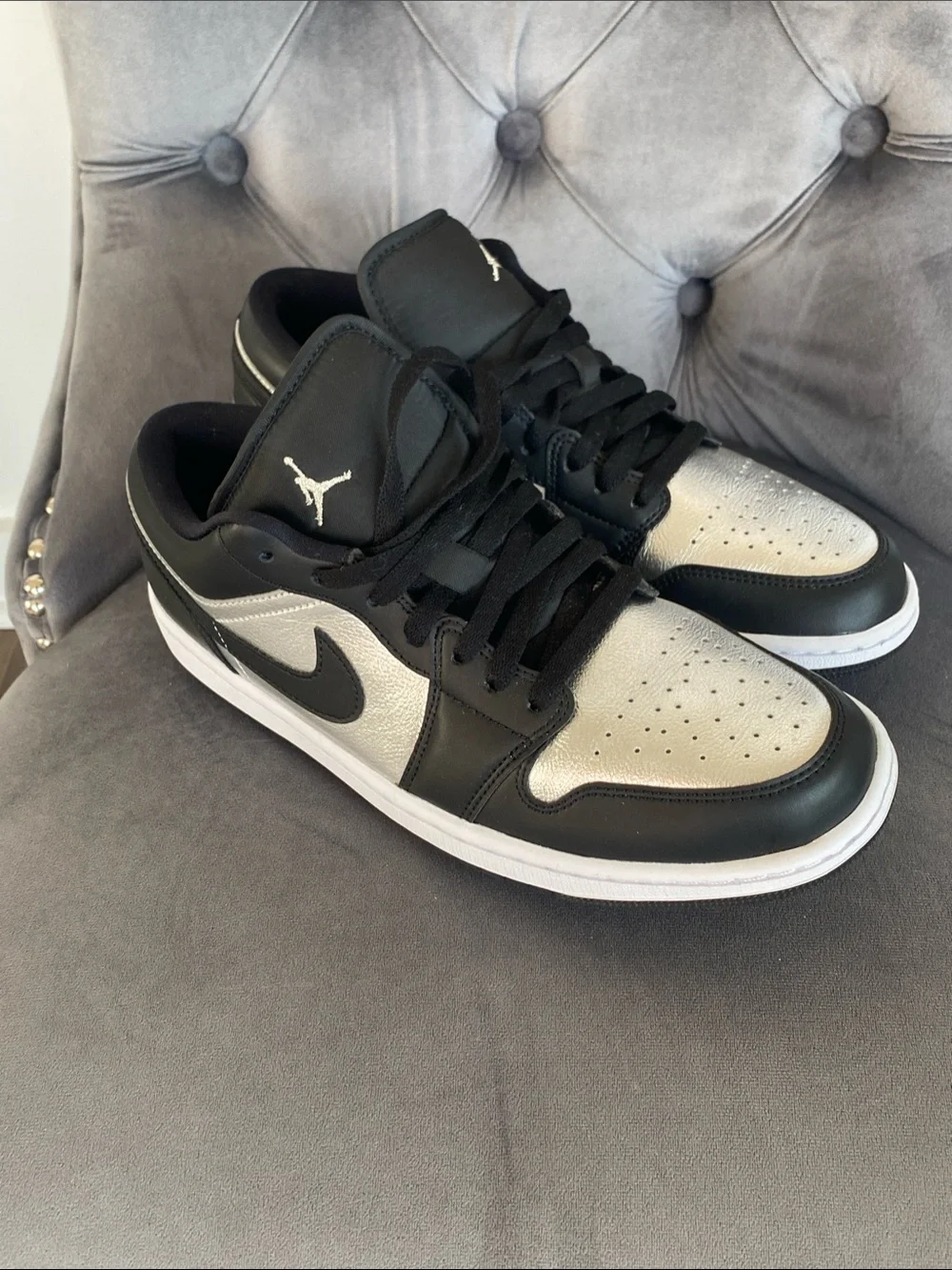 NWT Women’s Jordan 1 Low SE Black and Metallic Silver Low Top Sneakers - Picture 16 of 17